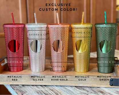 24 oz Matte & Glossy Studded Screw Top Tumbler Double Walled: METALLIC RED