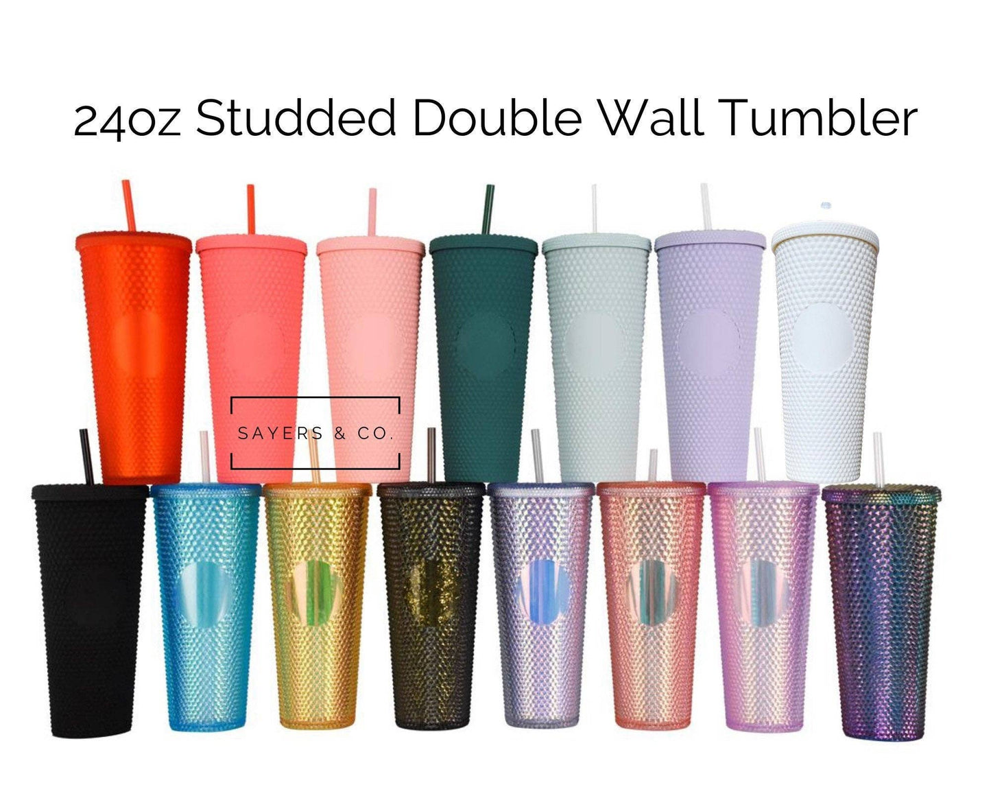 24 oz Matte & Glossy Studded Screw Top Tumbler Double Walled: Ombré Blue/Pink
