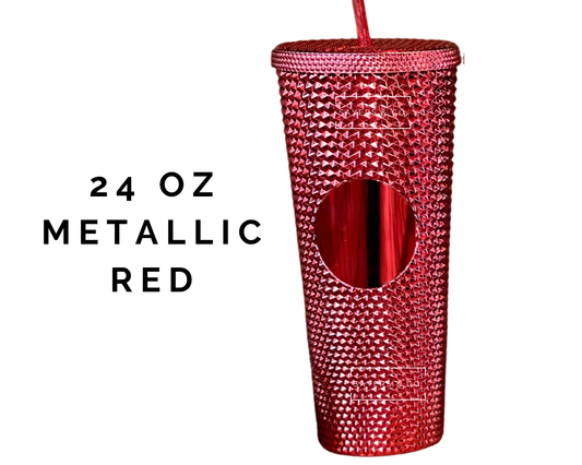 24 oz Matte & Glossy Studded Screw Top Tumbler Double Walled: METALLIC RED
