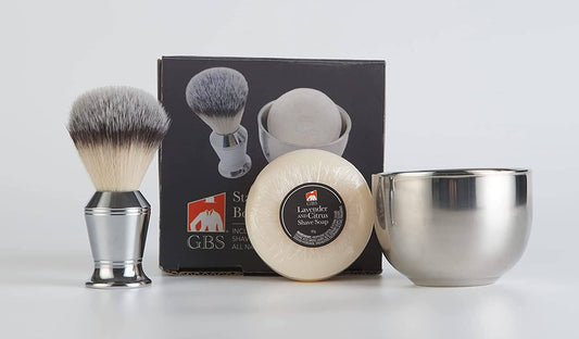 G.B.S Wet Shaving Set- Stainless Shaving Brush, Bowl + Soap