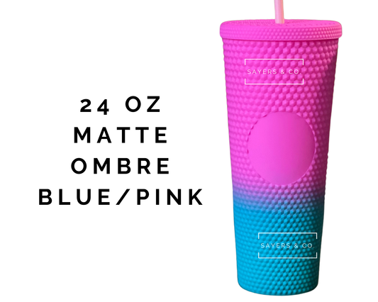 24 oz Matte & Glossy Studded Screw Top Tumbler Double Walled: Ombré Blue/Pink
